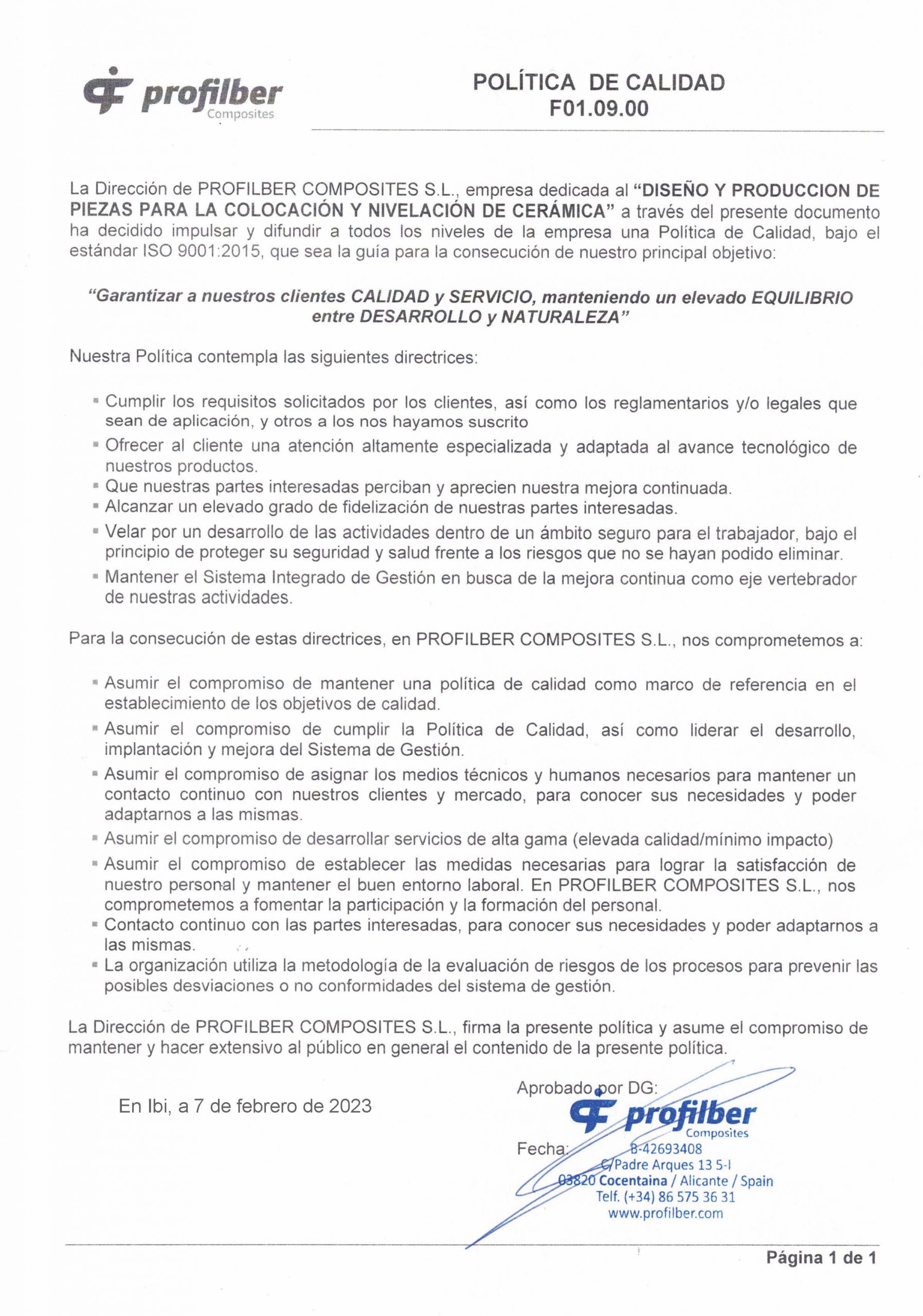 PROFILBER -POLITICA DE CALIDAD Politica de calidad profilber